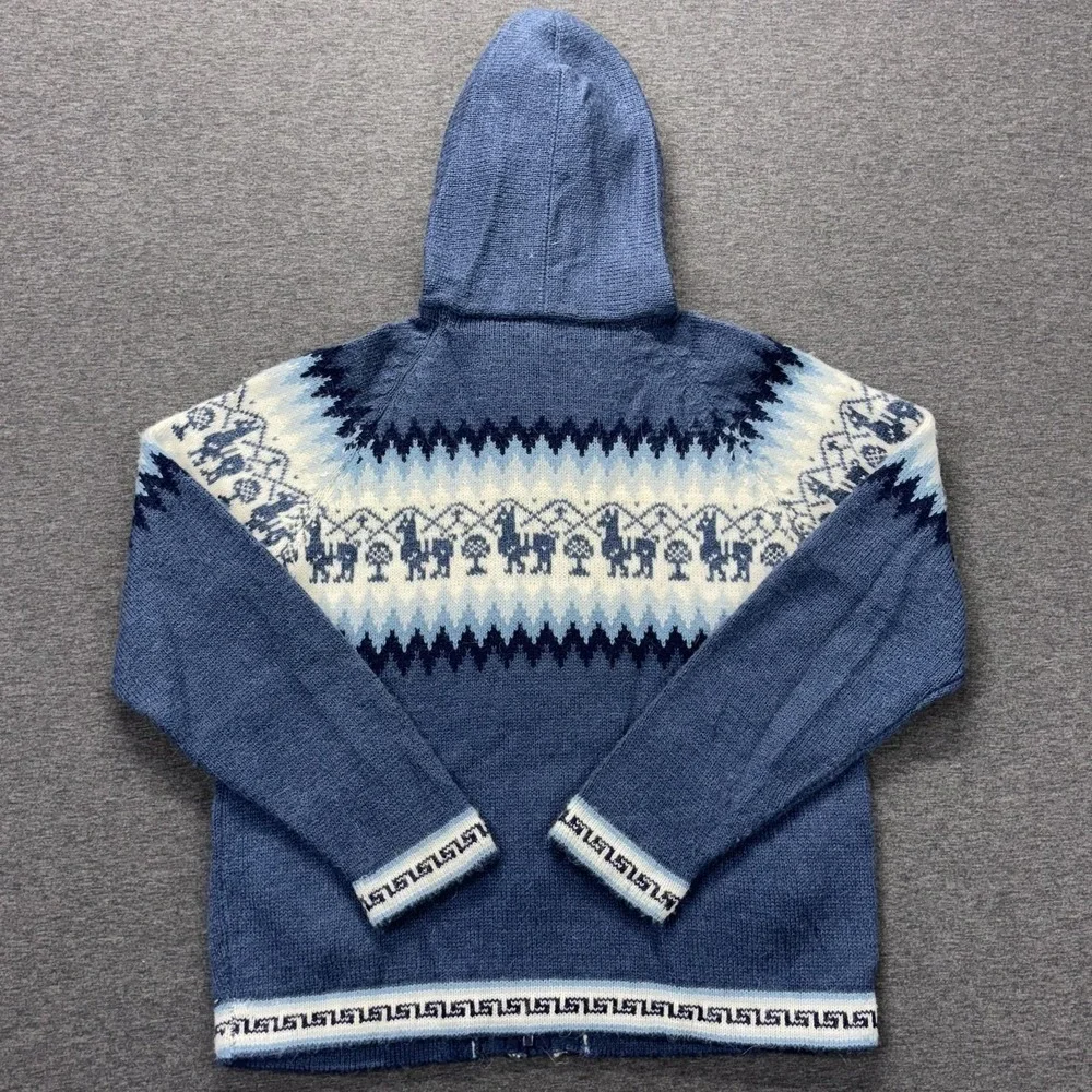 Gold Quality Sweater Womens Small Blue Alpaca Hooded Full Zip Llama Fair Isle